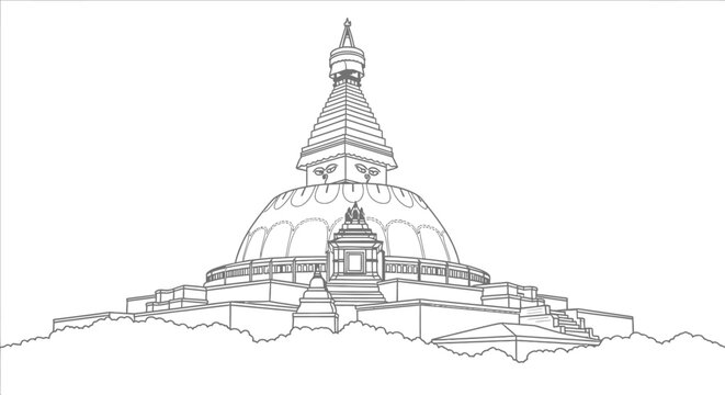 Detailed Line Drawing of Sacred Stupa Architecture Structure.