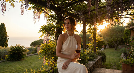 Fototapeta premium A woman sits on a stone wall in a garden, holding a glass of red wine. She is looking out towards the ocean as the sun sets, casting a warm golden light through the wisteria vines.