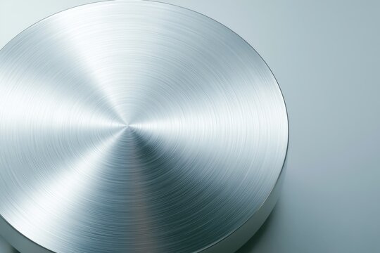A close-up image of a circular metallic surface with a brushed steel texture and radial pattern, showcasing a sleek, modern industrial design element.