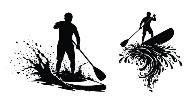 Silhouette set of people paddle boarding on water splashes