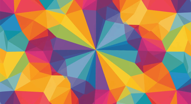 Abstract vibrant geometric background featuring a radial low-poly starburst pattern with multicolored triangular facets in a kaleidoscope arrangement of primary and secondary hues.