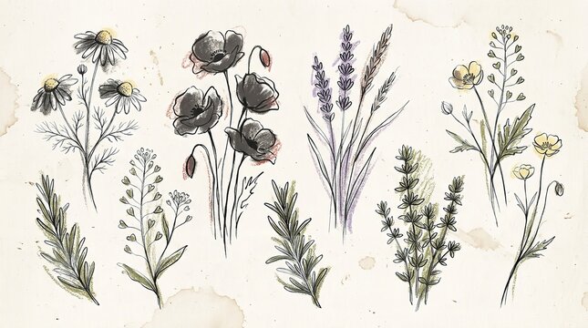 Beautiful hand drawn collection of botanical flowers and wild herbs featuring delicate pencil sketches with soft watercolor washes arranged neatly across this artistic composition presented here as an