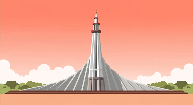Vector illustration of the National Martyrs' Memorial, Jatiyo Smriti Soudho, in Savar, Bangladesh, featuring stylized geometric prisms against a sunset sky with clouds.