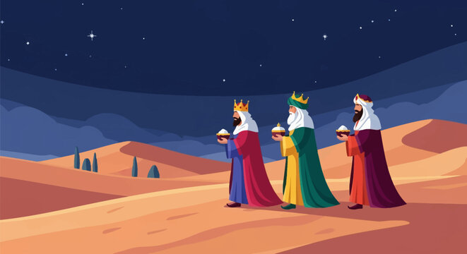 Vector illustration of the three wise men walking through sand dunes at night under a starry sky with the star of Bethlehem, carrying ceremonial gifts in traditional royal robes.