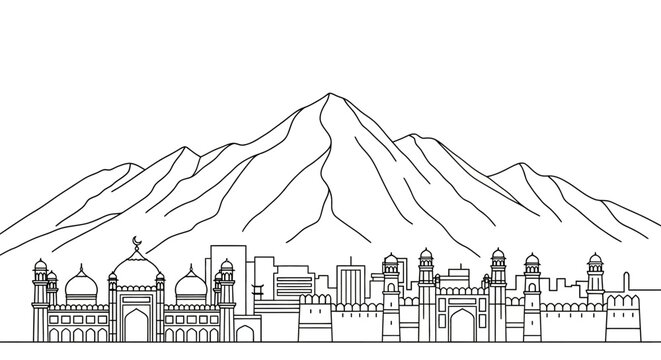 Detailed cityscape illustration with mountain backdrop and domes.