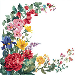 Watercolor floral wreath arrangement with vibrant roses and iris.