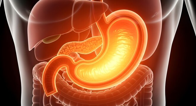 3D Medical Illustration of Human Digestive System with Glowing Intestines in Dark Background