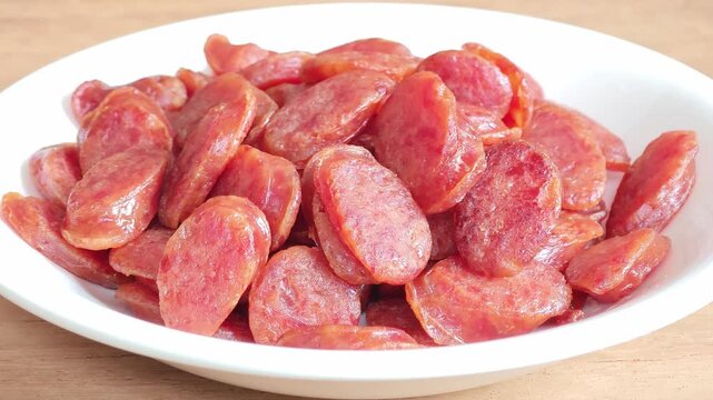 Closeup fried sliced kun chiang sausage on white