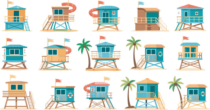 Variety of colorful lifeguard towers and beach huts including different architectural styles, flags, and rescue equipment like slides, vibrant summer vector collection representing coastal safety, 