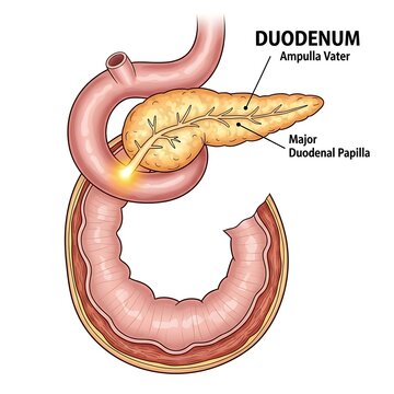 Anatomical diagram of human duodenum and pancreas.