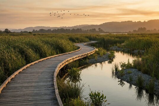 Nature-based water filtration wetland with winding wooden path and birds flying at dusk