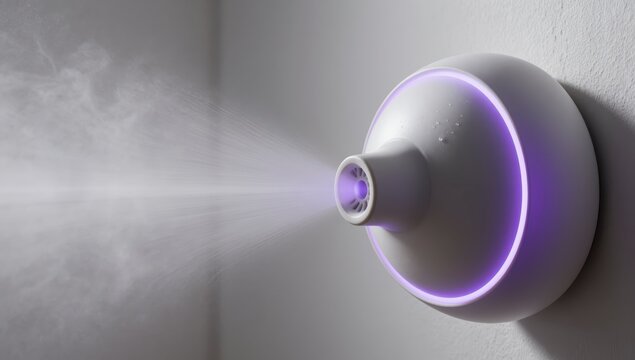 Modern wall mounted air freshener diffuser with soft purple led light emitting fine mist indoors