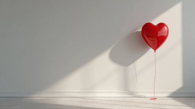 A single red heart-shaped balloon floats in a bright room, casting a long shadow on the wall. The light creates a striking contrast between the illuminated wall and the shadowed corner.