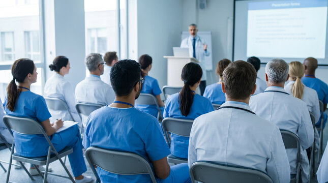 Healthcare professionals lecture audience, medical doctor speaking from podium next to projector screen, sitting in rows of chairs, bright hospital seminar hall, professional photography