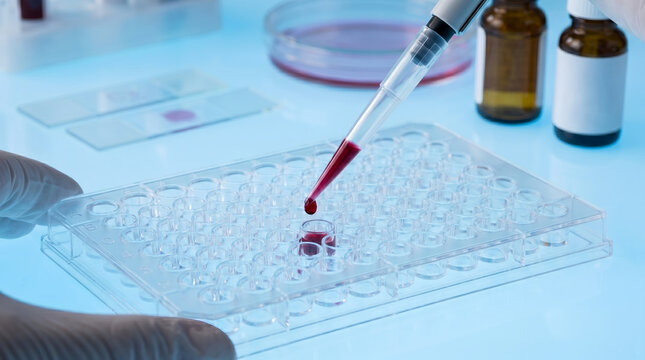 Laboratory scientist hands with white gloves, with a plastic pipette dispensing red blood sample, dripping liquid into a clear 96 well microplate, in a medical research laboratory, science photography