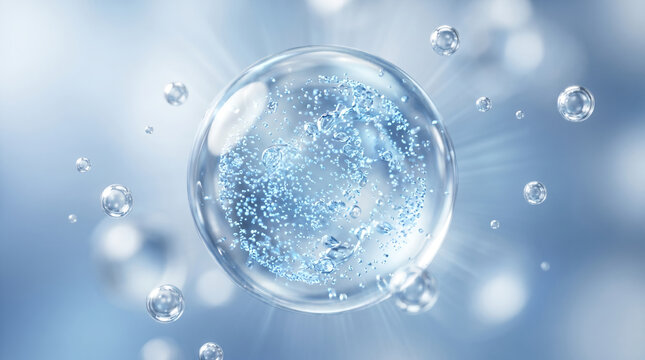 Clear transparent serum droplet bubble, with numerous tiny floating blue micro bubbles inside, hovering in mid air with light rays, against a soft blurred background, cosmetic background 3D render