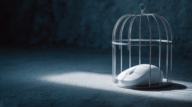A computer mouse trapped inside a birdcage, symbolizing restriction and lack of freedom in a digital world