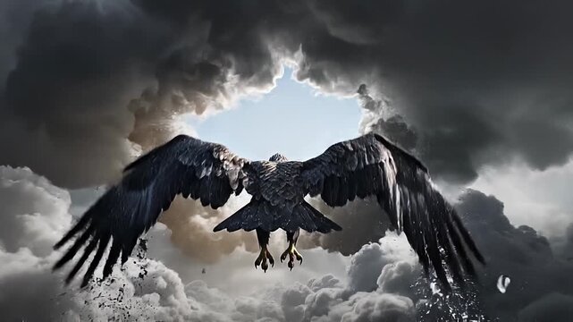 Dark raven spreading massive wings while flying through storm clouds toward bright opening in dramatic sky. Concept of freedom transformation and overcoming darkness