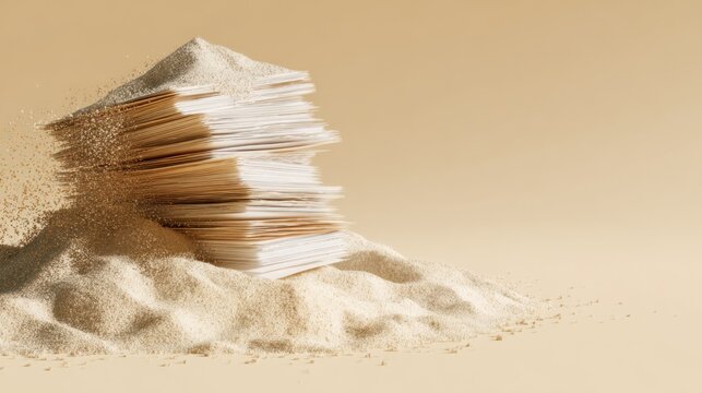 A pile of paper documents is half-buried in sand, with some sand blowing around them, symbolizing forgotten information or a lost archive