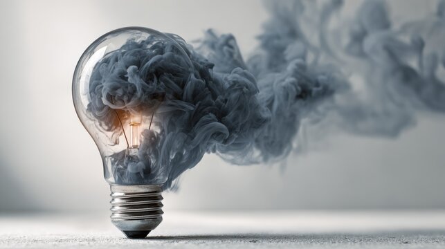 A light bulb filled with dark smoke, with smoke billowing out. The filament glows orange from within.