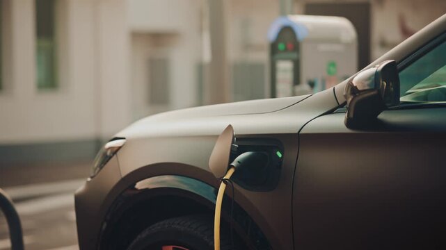 Electric car charging plug inserted into vehicle port for sustainable energy replenishment.
