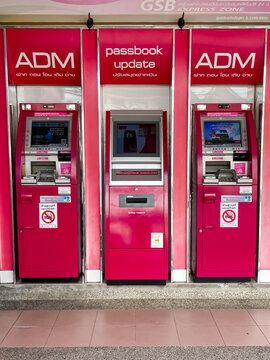 Thailand, Phuket - May 21, 2026: GSB's state-of-the-art self-service area in Thailand with ADM ATMs and a passbook renewal machine, providing 24/7 access to banking transactions.
