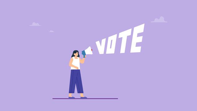 Strong woman speaks into a megaphone. Woman activist is calling for votes, voting, election and suffrage women concept.