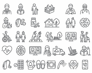 Fototapeta premium A collection of line art icons representing various aspects of elderly care, health, and senior lifestyle, including medical professionals, assistive devices, home comfort, and social activities.
