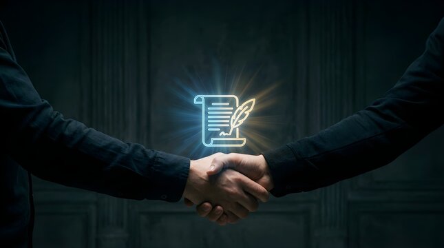 Business partners shaking hands sealing a contract with glowing digital document and feather quill symbol