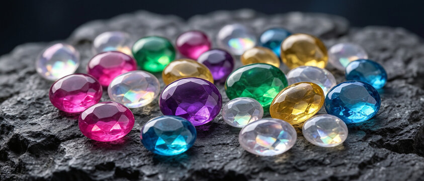 A collection of colorful, polished gemstones in various shapes and sizes arranged on a textured dark rock surface.