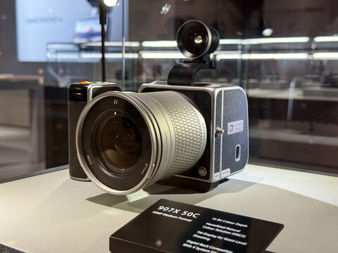 Kuala Lumpur, Malaysia - April 12, 2026: Hasselblad 907X 50C Medium Format Digital Camera on Store Display with Spec Card
