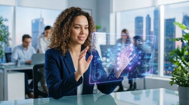 Professional woman interacting with a futuristic holographic digital artificial intelligence interface display in a modern corporate office setting during a bright and productive business work day