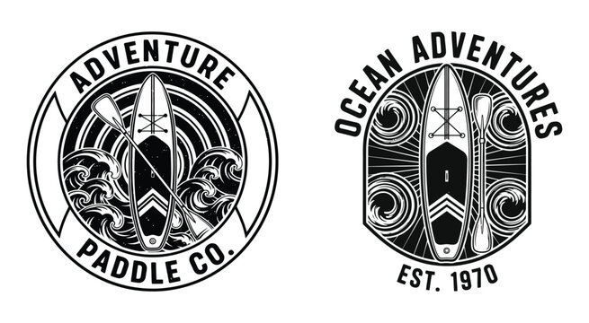 Vintage paddle board adventure emblems and logos