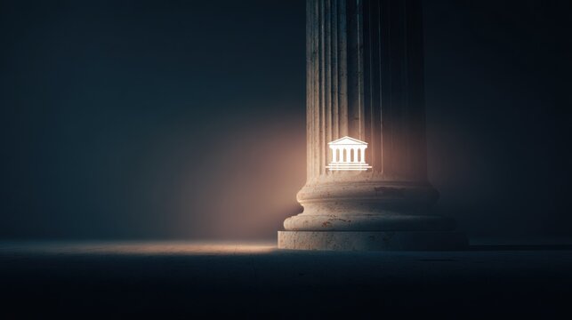 A single ancient stone column with a glowing building icon illuminated on its surface, set against a dark, moody background. The image evokes a sense of history, wisdom, and steadfastness.