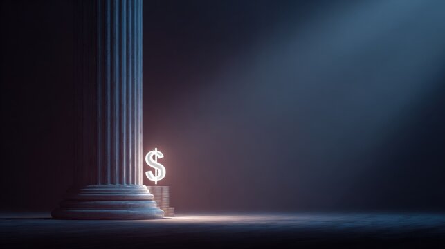 A glowing dollar sign rests at the base of a classical column, bathed in dramatic light, symbolizing finance and wealth