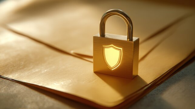 A golden padlock with a shield emblem securing a stack of brown envelopes. The padlock emits a soft, warm glow, symbolizing security and protection.