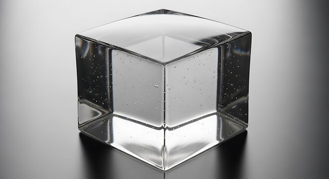 Clear glass cube on reflective surface.