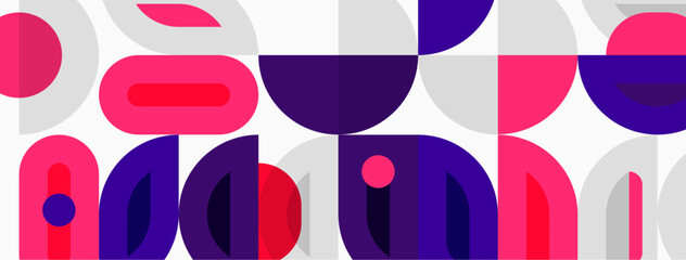 Fototapeta premium Abstract geometric pattern. Overlapping circles, semicircles create playful composition. Pink, purple, gray hues dominate design.