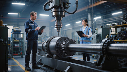 Fototapeta premium Engineers Inspecting CNC Lathe Machining Process of Large Metal Component