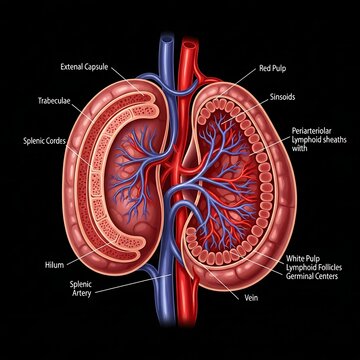 Detailed anatomical diagram of human spleen and blood vessels.