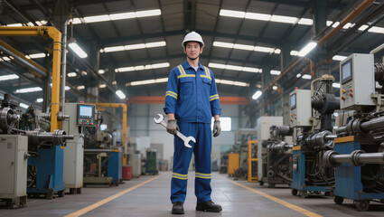 Fototapeta premium Factory Worker in Hard Hat Holding Wrench Standing Between Machines
