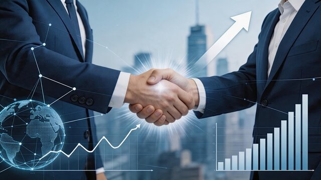 Businessmen shaking hands with glowing light effect overlaid with rising graph charts and global network map symbolizing successful corporate partnership deal and financial growth