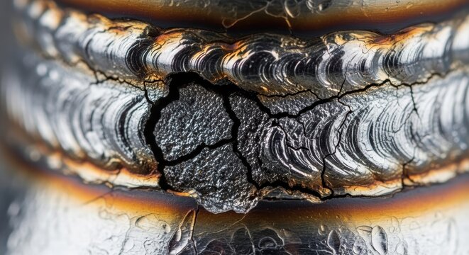 Extreme macro view of a cracked metal weld showing fatigue and structural failure