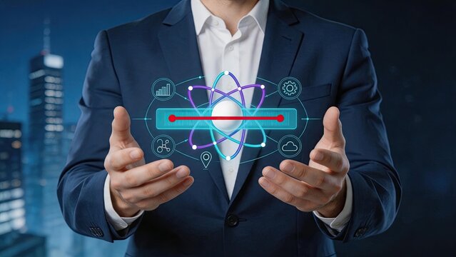 Businessman holding futuristic atom interface with data slider, digital transformation concept, innovation and technology background for corporate presentation.