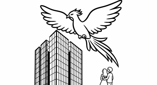 Illustrated Bird Flying Over Tall City Building.