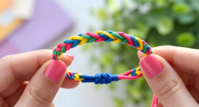 Colorful braided friendship bracelet held by hands with pink manicure against green garden.