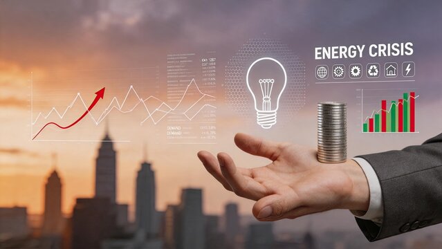 Businessman hand balancing coins stack with energy crisis graphs and light bulb icon over city skyline, illustrating economic inflation, power shortage, financial investment,