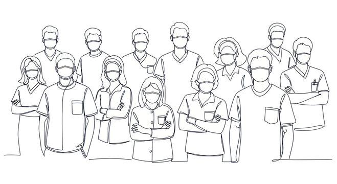 Diverse Group of Medical Professionals Wearing Face Masks Standing Together.