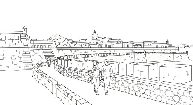 Detailed Line Drawing of Industrial Train Yard Scene.