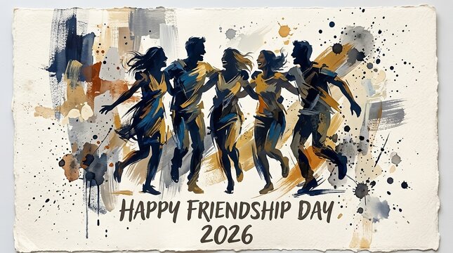 Group of happy young friends celebrating their strong bond together with joy and laughter in this artistic watercolor illustration featuring vibrant splashes of paint and expressive brushstrokes on tr